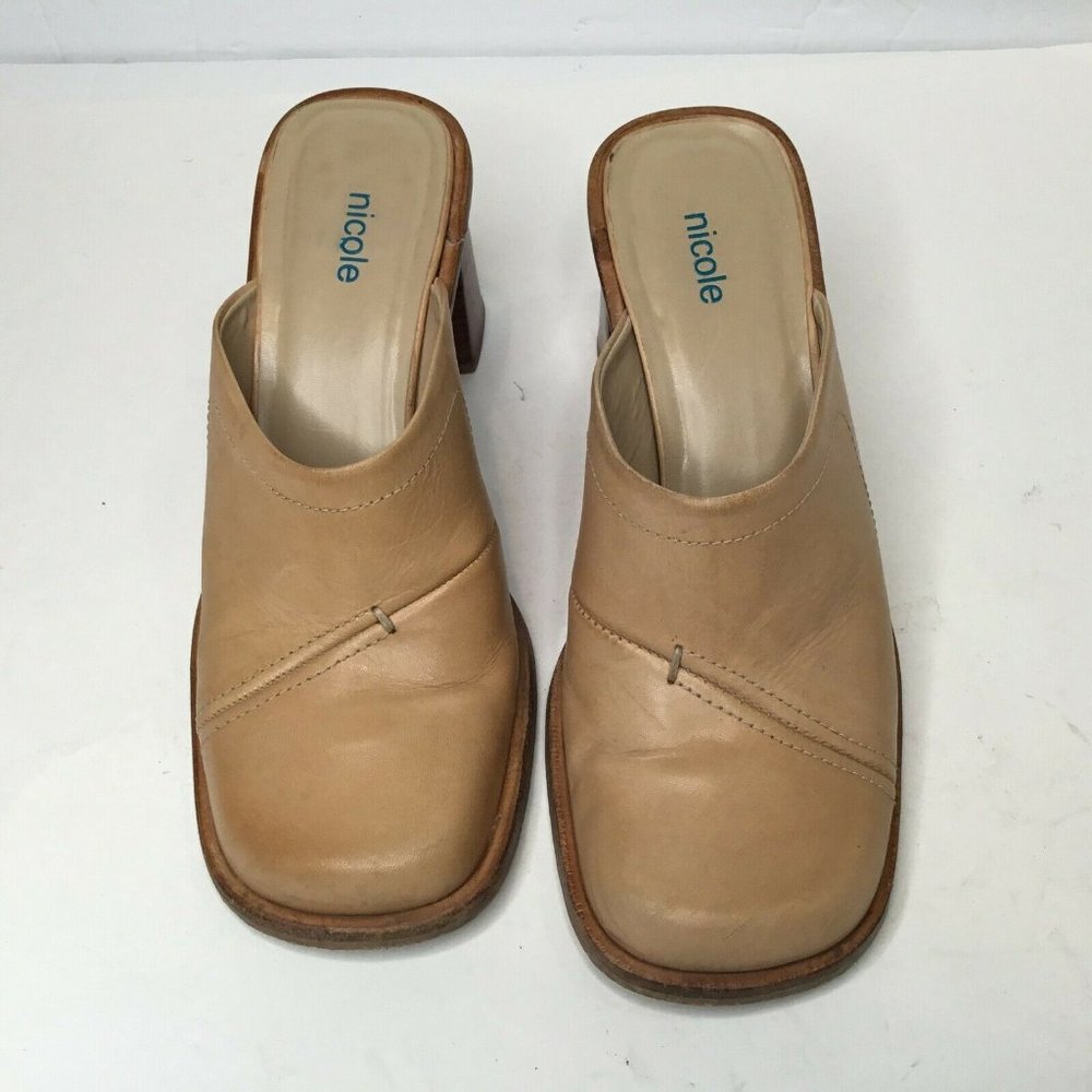 Nicole Womens Brown Leather Mules Block Heel